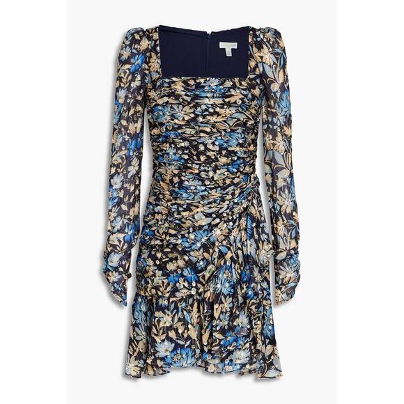 ML Monique Lhuillier Women's Ruched Floral Metallic Mini Sheath Dress Size 2 - Picture 2 of 10